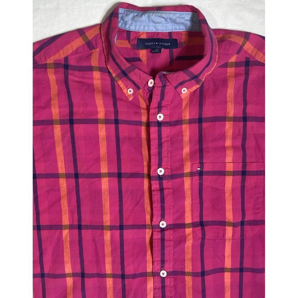 Tommy Hilfiger Pink Plaid Button Down Short Sleeves Collared Polo Mens Size L
